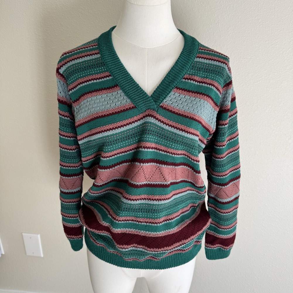 Vintage James Kenrob Knit V-neck Striped Sweater Green Pink Cottage Retro Sz M